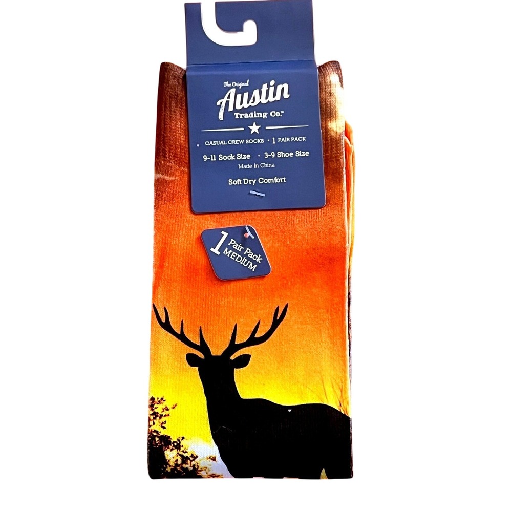 Austin Trading Co Buck Deer Sunset Graphic Casual Crew Socks Mens 3-9 1 Pair NEW